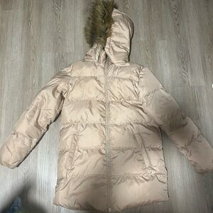 Women's Tan Puffer Jacket with Faux Fur Hood